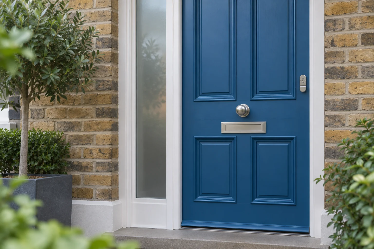 Blue front door with satin metal hardware in a brick entrance